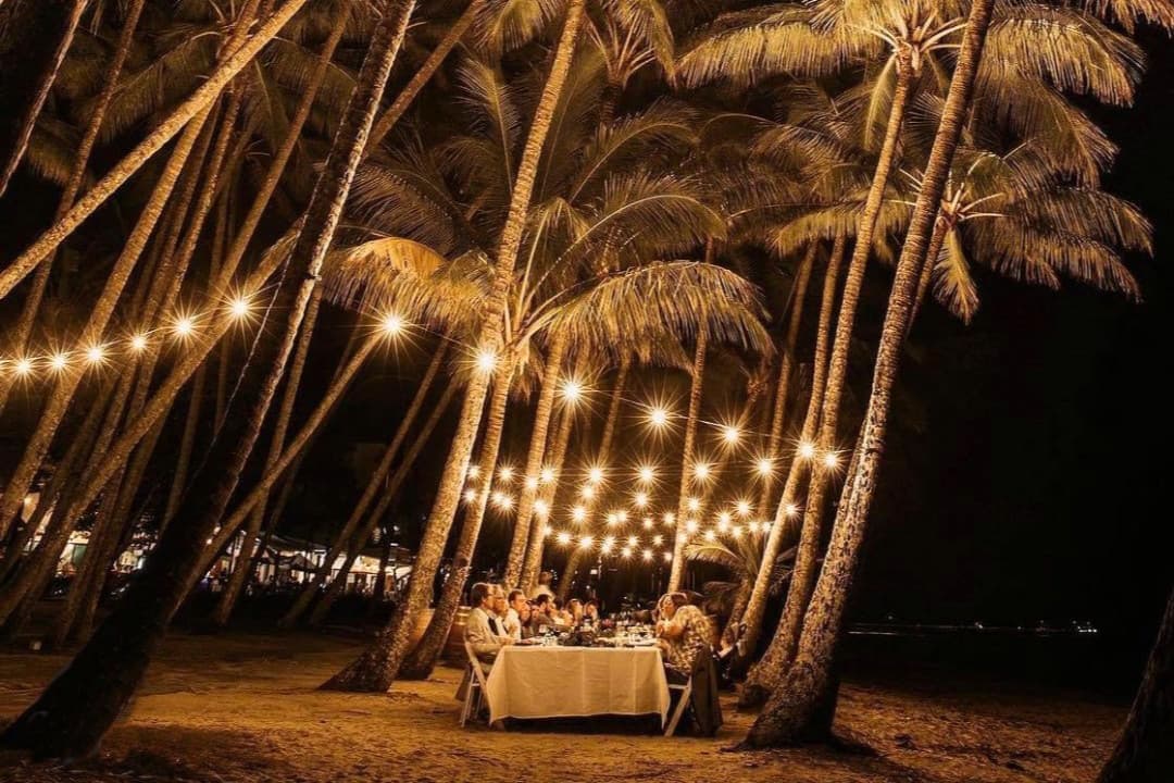A private long-table dinner under lit palms on the beach at night